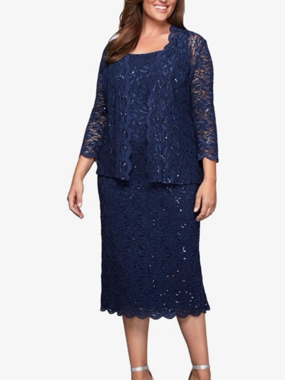 Alex Evenings Navy Lace Sequin Formal Shift Dress And Jacket Set NWT